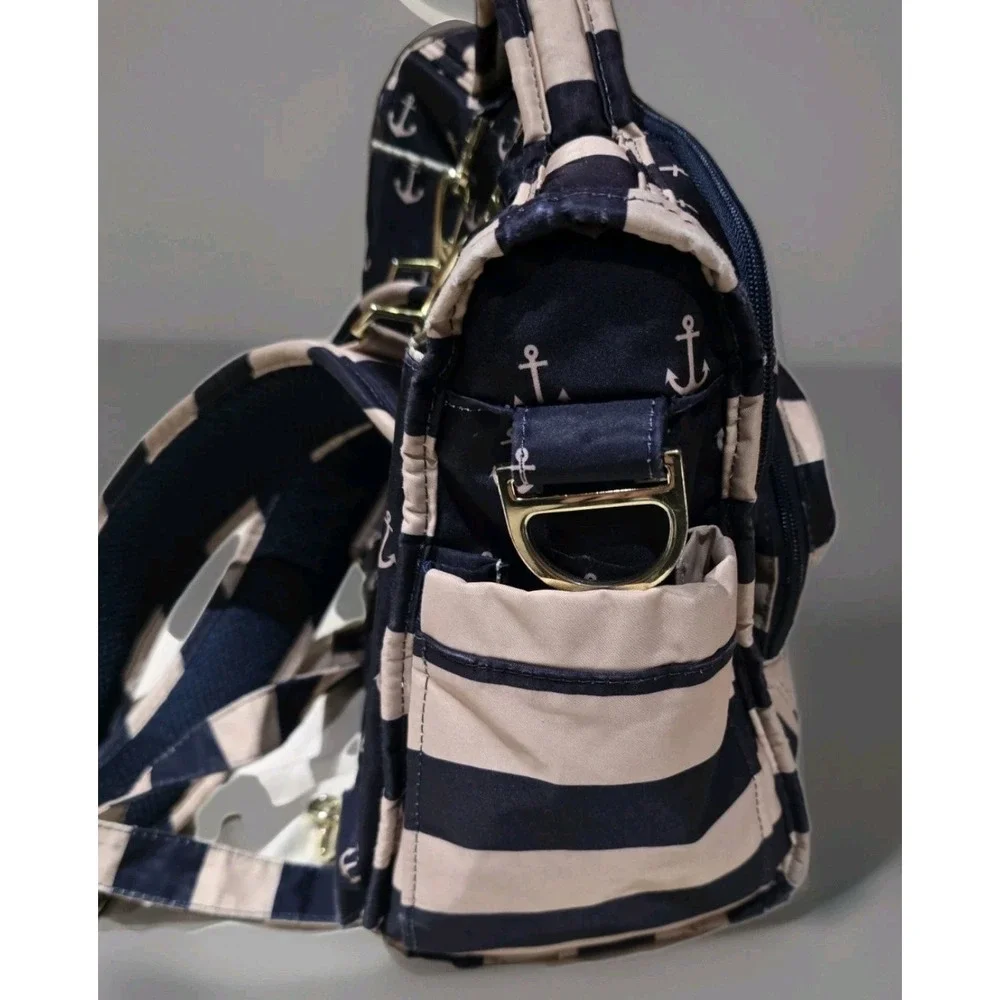 JuJuBe Commodore Tan Navy Size Large Nautical Anchor Stripes Diaper Bag Travel
